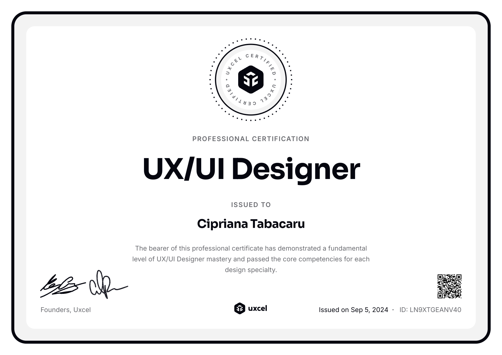 Cipriana Tabacaru's certificate